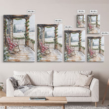 Carregar imagem no visualizador da galeria, Farmhouse porch decorated with garland and cozy rocking chair, Framed Canvas Print winter decor idea for rustic home Christmas wall art