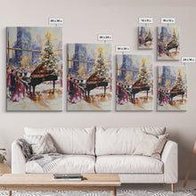 Load image into Gallery viewer, Elegant Christmas party with grand piano and city skyline view Framed Canvas Print, classy holiday wall art perfect seasonal decor idea