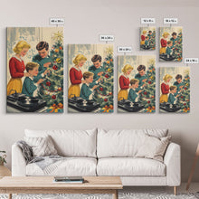 Carregar imagem no visualizador da galeria, Mid-Century Family Christmas Celebration with Turntable and Christmas Tree, Retro Holiday Wall Art, Framed Canvas Print