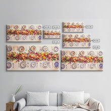 Load image into Gallery viewer, Festive Thanksgiving dinner table setting with colorful centerpiece, framed canvas print perfect autumn holiday decor wall art