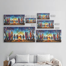 Carregar imagem no visualizador da galeria, Canvas Print Beach Bonfire with Surfboards Under Stars, Coastal Christmas Art, Tropical Holiday Wall Art, Beach Christmas Decor
