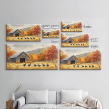 Carregar imagem no visualizador da galeria, Framed Canvas Print Rustic Barn with Pumpkins and Turkeys, Perfect Autumn Farmhouse Decor, Fall Wall Art, Country Autumn Scene