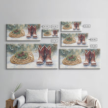 Carregar imagem no visualizador da galeria, Canvas Print Cowboy Boots with Christmas Wreath and Rope, Rustic Christmas Decor, Winter Western Holiday Art, Farmhouse Wall Print