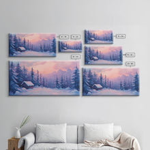 Load image into Gallery viewer, Cozy Cabin Surrounded By Winter Trees Tall Art Framed Canvas Print Serene Snowy Forest Cabin Landscape With Warm Interior Lights