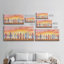 Load image into Gallery viewer, Vibrant Sunset Beach Art Surfboard Canvas Print Tropical Beach Wall Art Framed Canvas Print Fall Beach Scene Autumn Surfboard Decor