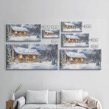 Load image into Gallery viewer, Snowy cabin Christmas decor, winter wonderland wall art, rustic farmhouse Christmas print, cozy country home decor, framed canvas print