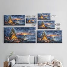 Load image into Gallery viewer, Beach Christmas decor with bonfire, sunset coastal holiday wall art, Christmas tree print, festive coastal art gift, framed canvas print