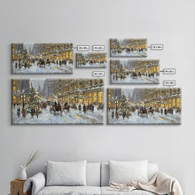 Carregar imagem no visualizador da galeria, Bustling Christmas Street Scene Tall Art Framed Canvas Print Vintage Winter Holiday Scene With Horse-Drawn Carriages And Festive Lights