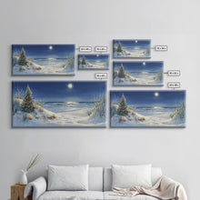 Cargar imagen en el visor de la galería, Christmas Tree on Snowy Beach with Full Moon, Framed Canvas Print, Coastal Christmas Art, Nautical Holiday Decor, Winter Wonderland, Beach