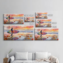 Carregar imagem no visualizador da galeria, Autumn Surfing Sunset Canvas Print | Fall Surf Art Gift | Seasonal Wall Art Decor | Gift Idea | Beach Decor Fall Theme | Framed Canvas Print