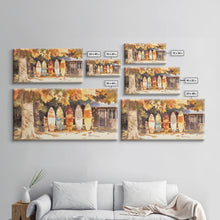 Carregar imagem no visualizador da galeria, Autumn surfboards art, canvas print featuring surfboards with fall leaves, cozy fall home decor, rustic wall art, autumn vacation gift idea