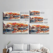 Carregar imagem no visualizador da galeria, Fishing boats in harbor with autumn trees, framed canvas print, fall coastal art, rustic nautical decor, perfect gift idea, autumn wall art