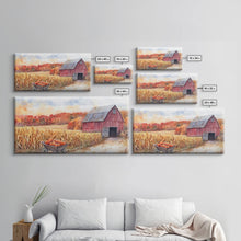 Carregar imagem no visualizador da galeria, Autumn Barn with Pumpkins in Wheelbarrow, Farmhouse Fall Decor, Framed Canvas Print, Seasonal Wall Art, Country Home Decor, Gift Idea
