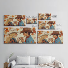 Load image into Gallery viewer, Cowgirl & Cowboy Enjoy Some Hot Chocolate, Art For Couples, Framed Canvas Print, Rustic Farmhouse Home Decor, Wall Art Rustic Decor
