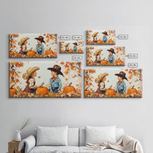 Load image into Gallery viewer, Cute Cowboy and Cowgirl In a Pumpkin Patch, Framed Canvas Print, 1950s Style Wall Art, Nursery Decor