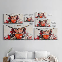 Load image into Gallery viewer, Cowboy in forest with burning fire, deep autumn hues, Framed Canvas Print, moody landscape, fall western art, rustic wall piece, wall decor