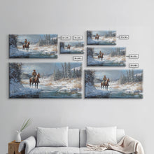 Load image into Gallery viewer, Cowboy riding horse through vibrant autumn forest, Framed Canvas Print, tall fall wall art, rustic western decor, moody landscape