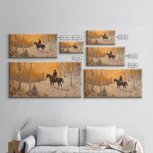 Load image into Gallery viewer, Cowboy riding horse through deep snow in a winter storm, Framed Canvas Print, dynamic winter wall art, rustic western home decor