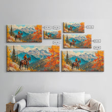 Carregar imagem no visualizador da galeria, Female cowboy in fall forest, Framed Canvas Print, tall striking artwork rustic or modern farmhouse seasonal wall art