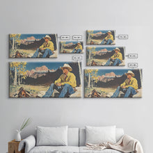 Load image into Gallery viewer, Bold monochromatic Framed Canvas Print showcasing a woman in a cowboy hat with horses in a snowy mountain landscape, rustic winter wall art