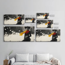 Load image into Gallery viewer, Bold Framed Canvas Print of a Cowgirl Riding Through Snow, Western Horse Art, Dynamic Winter Wall Decor and Christmas Holiday Gift Idea