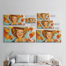 Load image into Gallery viewer, Cowgirl Having A Cup Of Joe, Framed Canvas Print, Farmhouse / Western Rustic Charm, Seasonal Art Piece to Warm Up Your Home Decor This Fall