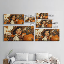 Load image into Gallery viewer, Cowgirl In A Pumpkin Patch, Framed Canvas Print, Retro Style Fall or Thanksgiving Wall Art, Farmhouse Decor, Christmas Wall Decor Gift