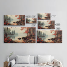 Cargar imagen en el visor de la galería, Fall On The River, Rustic Landscape Painting, Primitive Wall Art, Framed Canvas Print, retro festive holiday wall art Christmas decor