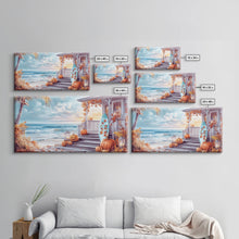 Carregar imagem no visualizador da galeria, Fall Beachfront Porch With Pumpkins Autumn Decor Framed Canvas Print, Coastal Autumn Home Decor Wall Art Beach Vibes