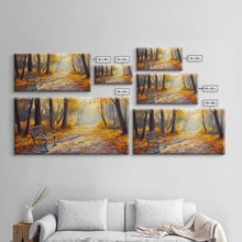 Load image into Gallery viewer, Autumn Path Bench Framed Canvas Print, Serene Fall Landscape Wall Art, Cozy Farmhouse Decor, Seasonal Wall Art Gift Idea