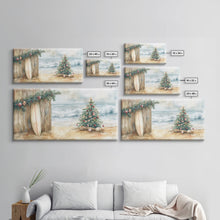Cargar imagen en el visor de la galería, Christmas Tree On Sandy Beach With Surfboard Coastal Decor Framed Canvas Print, Beach Christmas Decor Wall Art