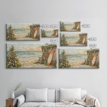 Cargar imagen en el visor de la galería, Christmas Tree Beside Rustic Beach House Coastal Holiday Scene Framed Canvas Print, Beach Christmas Wall Art And Decor