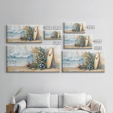 Cargar imagen en el visor de la galería, Coastal Christmas Scene Surfboards Christmas Tree Framed Canvas Print, Beach Holiday Decor Wall Art With Surfing Theme
