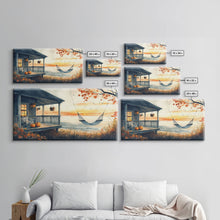 Load image into Gallery viewer, Cozy Autumn Porch with Pumpkins Framed Canvas Print, Warm Sunset Beach Scene Perfect Fall Seasonal Wall Art and Home Decor
