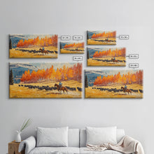 Load image into Gallery viewer, Cowboy Herding Cattle Under Mountains Framed Canvas Print Tall Art Autumn Country Landscape Fall Decor Western Wall Art Farmhouse Gift Idea
