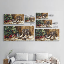 Load image into Gallery viewer, Christmas Cowboy Boots By Tree Framed Canvas Print Tall Art Rustic Western Christmas Decor Farmhouse Holiday Wall Art Cowboy Holiday Gift