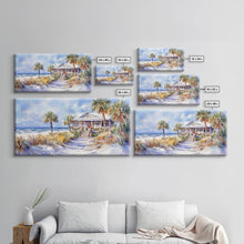 Load image into Gallery viewer, Snowy tropical Christmas decor scene, Framed Canvas Print beach house wreath and holiday lights, winter coastal home decor Christmas art