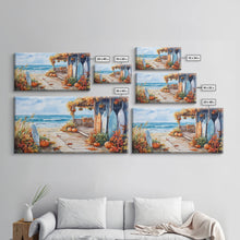 Carregar imagem no visualizador da galeria, Autumn surfboard porch decor scene, Framed Canvas Print with pumpkins and fall leaves on beach, autumn beach house wall art and decor piece