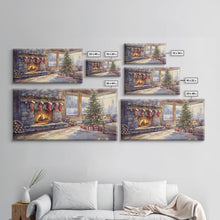 Load image into Gallery viewer, Snowy cabin lake scene at dusk with Christmas lights, Framed Canvas Print with a warm cabin glow, for winter wall art Christmas home decor