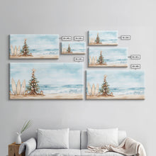 Load image into Gallery viewer, Beach Christmas scene with surfboards and decorated tree, tropical holiday art framed canvas print, perfect coastal seasonal decor