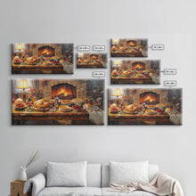 Load image into Gallery viewer, Cozy Thanksgiving Feast by Fireplace Framed Canvas Print Seasonal Wall Art, Rustic Fall Decor, Harvest Celebration Art Print for Home