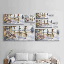 Load image into Gallery viewer, Snowy porch scene with wreaths and holiday greenery, framed canvas print, cozy winter Christmas decor perfect holiday wall display