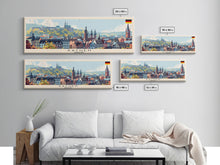 Carregar imagem no visualizador da galeria, Aachen Germany Panoramic Travel Poster, Framed Canvas Print or Metal Wall Art, Travel Art, Home Decor, Panoramic Painting, Midcentury Art