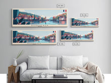Load image into Gallery viewer, Bordeaux France Panoramic Travel Poster, Framed Canvas Print or Metal Wall Art, Travel Art, Home Decor, Panoramic Painting, Midcentury Art