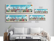Carregar imagem no visualizador da galeria, Brussels Belgium Panoramic Travel Poster, Framed Canvas Print or Metal Wall Art, Travel Art, Home Decor, Panoramic Painting, Midcentury Art