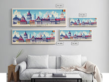 Cargar imagen en el visor de la galería, Bucharest Romania Wall Art, Panoramic Travel Poster, Panoramic Framed Canvas Print, City Wall Art, Wall Hanging Home Decor, Travel Art