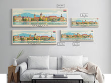 Load image into Gallery viewer, Debrecen Hungary Panoramic Travel Poster, Framed Canvas Print or Metal Wall Art, Travel Art, Home Decor, Panoramic Painting, Midcentury Art