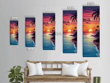 Cargar imagen en el visor de la galería, Coastal Sunset Palm Trees Midcentury Modern Art - Framed Canvas Print, Boho Art, Skinny Art, Living Room Art, Bedroom Decor, Tropical Landscape