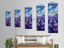 Carregar imagem no visualizador da galeria, Expansive Lavender Fields Under a Bright Sky, Skinny and Tall Art, Bold Framed Canvas Print, Landscape Wall Art