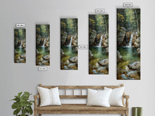 Carregar imagem no visualizador da galeria, Framed Canvas Print Skinny Art of a Serene Waterfall Cascading into a Tranquil Pool in a Lush Forest Landscape, Perfect Tall Art for Nature Lovers